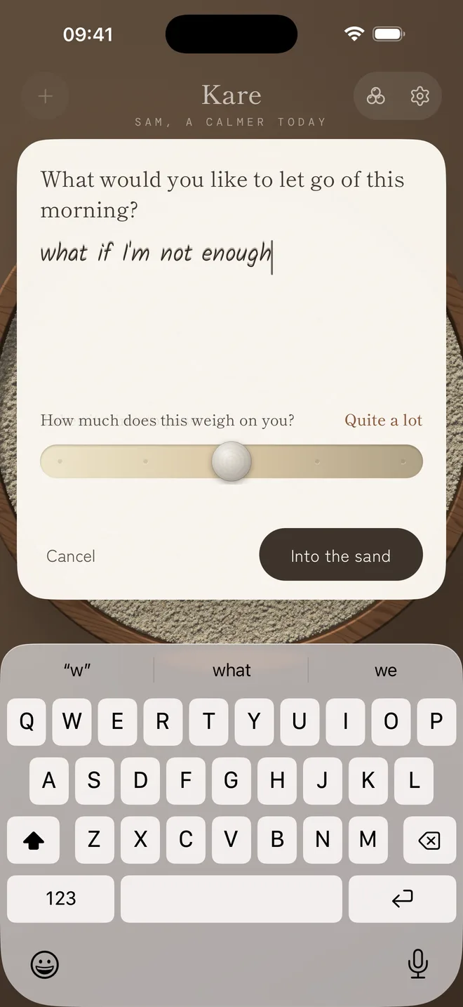 Kare asking what you'd like to let go of this morning, with a slider for how much it weighs on you