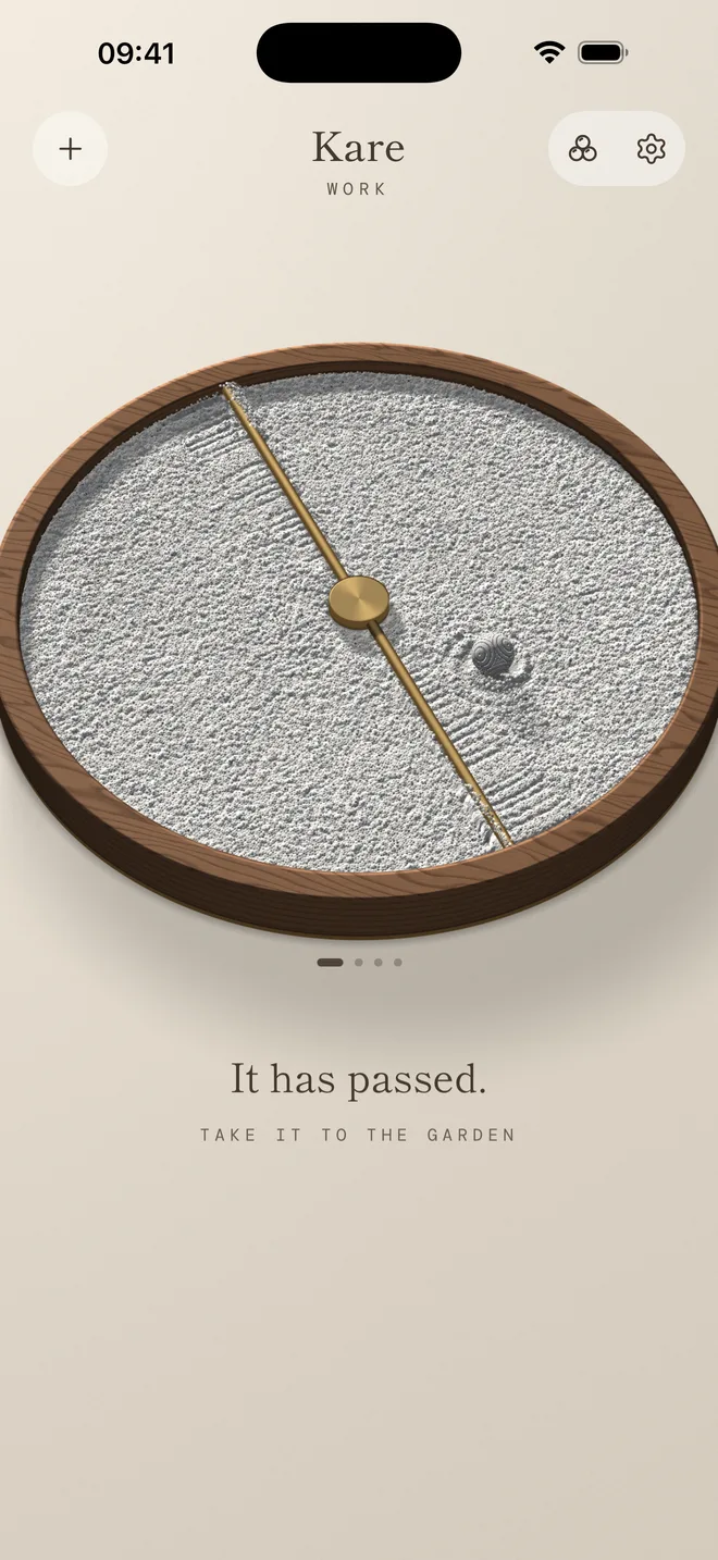Smooth raked sand with a single marble, and the words “It has passed.”